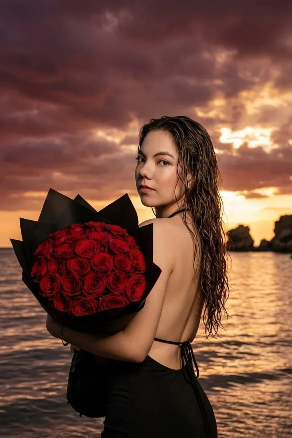 Пример фотообраза Закат и красные розы